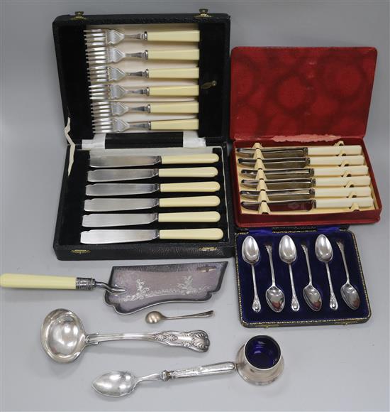 Three cased plated cutlery sets and five other plated items